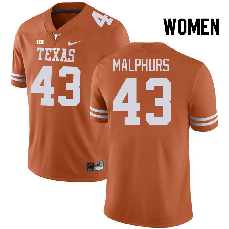 Women #43 Reed Malphurs Texas Longhorns College Football Jerseys Stitched Sale-Black